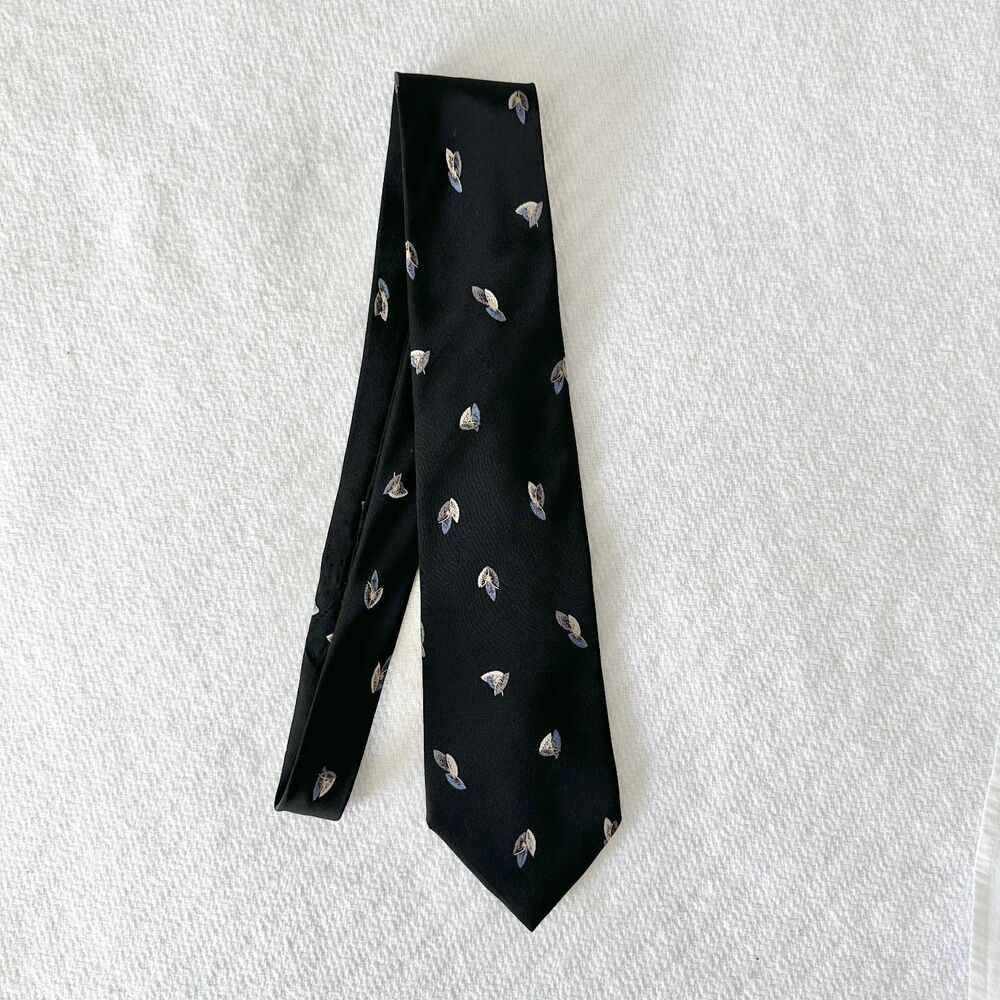 Enzo Bertazzio 100% Silk Tie Black Leaf Print Handmade in Italy Classic Necktie